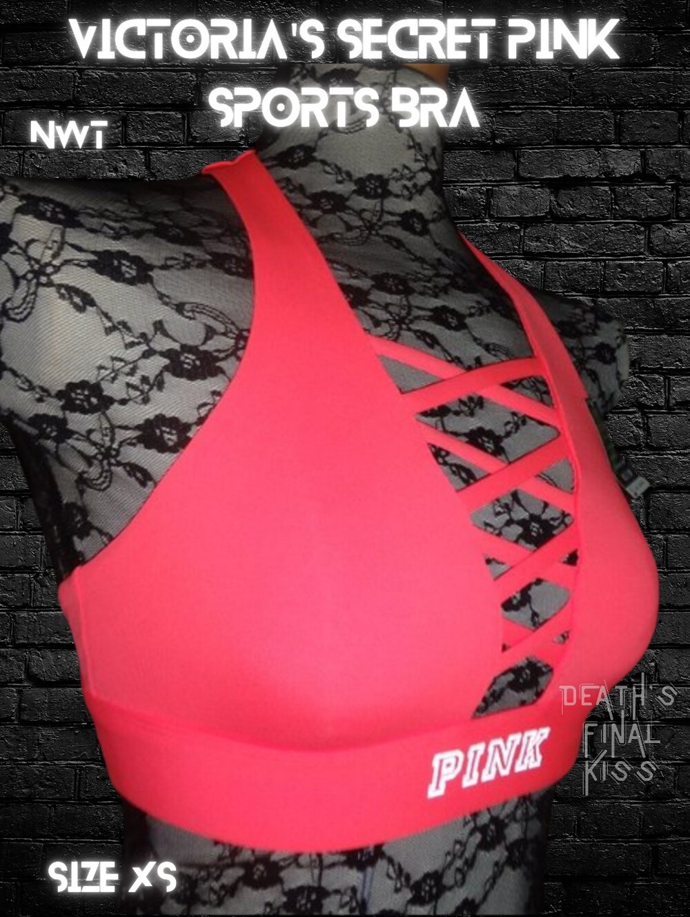 Victoria's Secret PINK neon coral racerback strappy plunge front sports bra XS